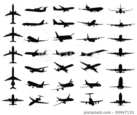 Black silhouettes of different aircrafts on a white background	 80947110