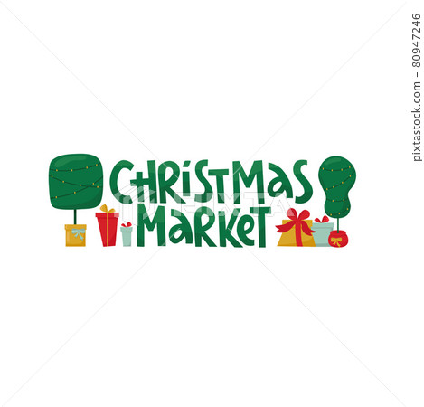 Christmas tree market lettering sign with Grinch tree and text place. Vector stock illustration isolated on white background for template design Christmas sale, greeting card, invitation. EPS10 Christmas tree market lettering sign with Grinch tree and text place. Vector stock illustration isolated on white background for template design Christmas sale, greeting card, invitation. EPS10 80947246