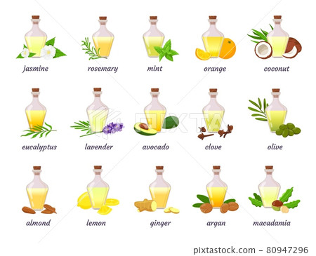 Cosmetic essential oil bottle with herb, fruit and flower. Lavender, argan, coconut and almond nut oils. Aromatherapy or skin oil vector set Cosmetic essential oil bottle with herb, fruit and flower. Lavender, argan, coconut and almond nut oils. Aromatherapy or skin oil vector set 80947296