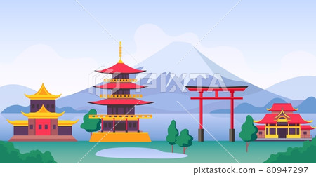 Japan landscape with mountain Fuji, landmarks, temples and old building. Japanese tourism travel scenery with pagoda and gates vector scene 80947297
