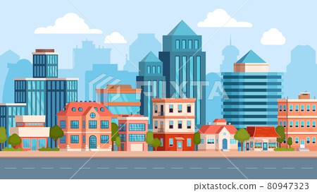 Flat city street landscape with skyscraper and apartment building. Town real estate, houses and road. Cityscape scene. Urban vector panorama Flat city street landscape with skyscraper and apartment building. Town real estate, houses and road. Cityscape scene. Urban vector panorama 80947323