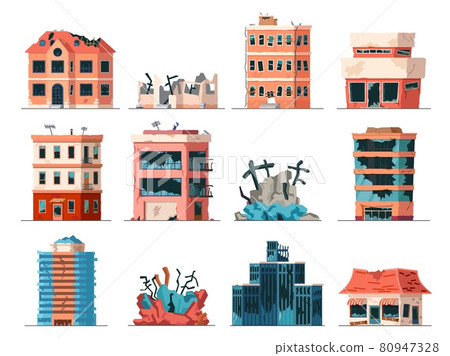 Old ruined, abandoned and collapsed city office buildings. Apartment houses damaged by war or earthquake. Broken town buildings vector set 80947328