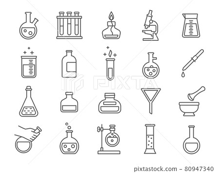 Chemistry or science research laboratory equipment line icons. Pharmacy lab glassware, beakers, test tubes and flasks pictograms vector set Chemistry or science research laboratory equipment line icons. Pharmacy lab glassware, beakers, test tubes and flasks pictograms vector set 80947340