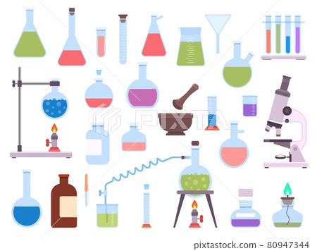 Flat chemistry laboratory glassware equipment for science experiment. Medical lab beaker, test tube, microscope, burner and flask vector set 80947344