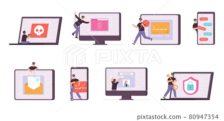 Flat cyber thief and hacker characters stealing personal data. Criminal spy phone, steal password and money card. Computer attack vector set Flat cyber thief and hacker characters stealing personal data. Criminal spy phone, steal password and money card. Computer attack vector set 80947354