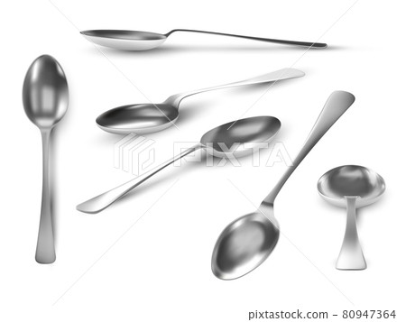 Realistic spoon views. 3D metal table utensil. Steel teaspoon top, angles and side view. Silver spoons for coffee, tea or dessert vector set 80947364