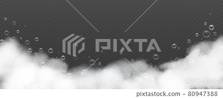 Realistic background with bath soap foam and bubble. Soapy water froth. Shampoo, laundry detergent or hygiene product sud 3d vector closeup 80947388