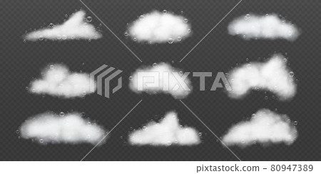 Soap foam with bubbles. Realistic shampoo white suds. Bath and shower lather clouds. Laundry detergent 3d washing foam textures vector set 80947389