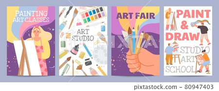 Art school or classes posters with characters and painting supply. Creative drawing course banners with paint brush and material vector set 80947403