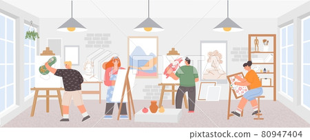 Workshop classroom with artists painting art work on easels. Painters man and woman. Creative draw courses studio, paint class vector poster Workshop classroom with artists painting art work on easels. Painters man and woman. Creative draw courses studio, paint class vector poster 80947404