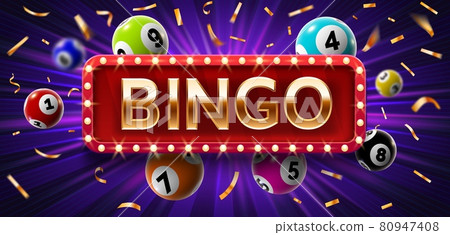 Winner poster with lottery balls with numbers, confetti and golden bingo. Realistic lotto game big win background. Gambling vector concept 80947408