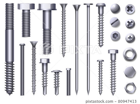 Realistic metal bolts, steel nuts, rivets and screws. Stainless construction hardware top and side view. Chrome bolt and pin head vector set 80947413