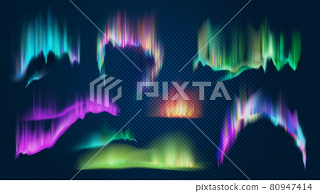 Realistic aurora borealis northern lights in night sky. Polar glowing natural effect. Shining antarctic colored 3d light waves vector set Realistic aurora borealis northern lights in night sky. Polar glowing natural effect. Shining antarctic colored 3d light waves vector set 80947414