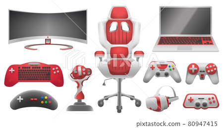 Joystick controllers, gadget and accessory for video game. Virtual reality glasses, monitor, laptop, gaming chair and controller vector set 80947415