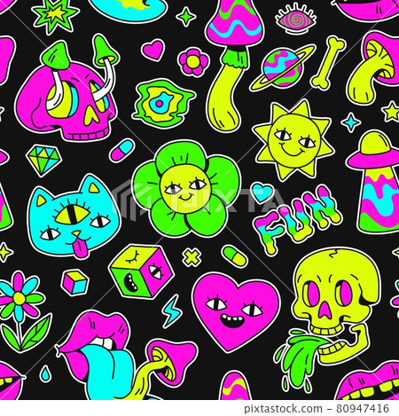 Surreal trippy seamless pattern with mushrooms and weird characters. Cartoon psychedelic animal, eyes, skulls and space badges vector print Surreal trippy seamless pattern with mushrooms and weird characters. Cartoon psychedelic animal, eyes, skulls and space badges vector print 80947416