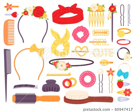 Hair clips with flowers and pearls, bow headband and hairpins. Fashion jewelry accessory for hairstyle. Barrettes, pins and combs vector set 80947417