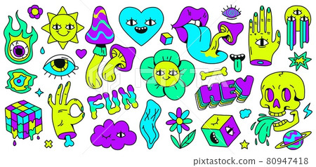 Neon cartoon psychedelic hippy stickers with mushrooms and eyes. Hallucination elements, heart, skull, emoji and ok hand. Groovy vector set 80947418