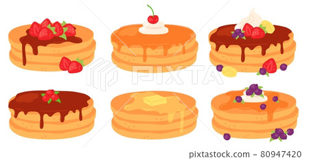 Cartoon breakfast pancake stacks with maple syrup and berry toppings. Tasty pancakes with butter, chocolate, cream and strawberry vector set 80947420
