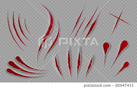 Blood scratches and cuts. Bloody scars and sharp slashes. Ripped wounds by animal paws. Halloween scary decor. Cat claws tracks vector set Blood scratches and cuts. Bloody scars and sharp slashes. Ripped wounds by animal paws. Halloween scary decor. Cat claws tracks vector set 80947431