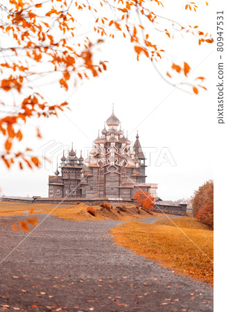 Historic site of wooden churches of Kizhi Island, Republic of Karelia, Russia. The museum of wooden architecture. Colorful autumn landscape. 80947531