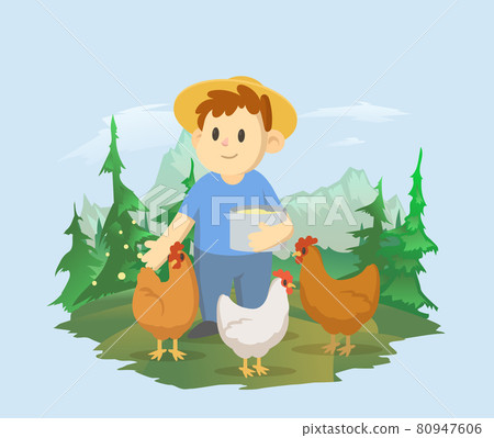 A boy feeds the chickens on the background of a... - Stock Illustration ...