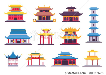 Flat chinese and japanese buildings, ancient temple, pagoda and shrine. Asian old architecture in traditional style. China houses vector set 80947678