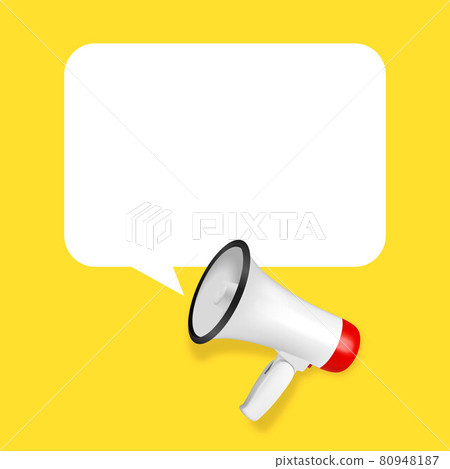 Vector Realistic 3d Simple White Megaphone with Speech Buble on Yellow Background. Design Template, Banner, Web. Speaker Sign. Announcement, Attention Concept 80948187