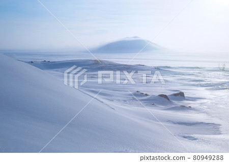 Winter arctic landscape with snow covered tundra and hills 80949288