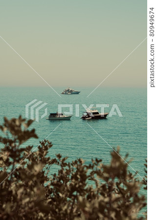 Yacht in blue lagoon mediterranean sea Cyprus aerial view, sea view landscape 80949674