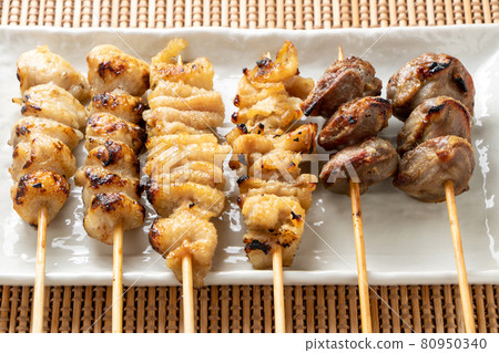 Assorted yakitori (salt grilled). Bonjiri, chicken skin, gizzard. Assorted yakitori (salt grilled). Bonjiri, chicken skin, gizzard. 80950340