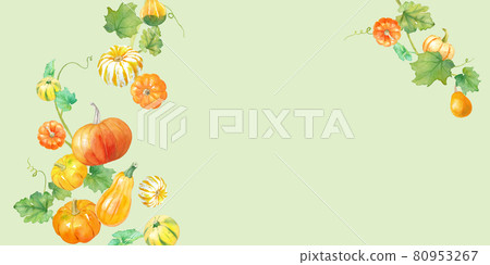 感恩節和萬聖節的裝飾水彩插圖。秋收圖像橫幅背景。不對稱。 感恩節和萬聖節的裝飾水彩插圖。秋收圖像橫幅背景。不對稱。 80953267