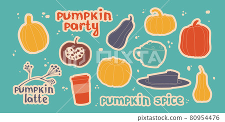 Set of autumn stickers with pumpkins, coffee and pie. Pumpkin latte, lettering, cute illustration. 80954476