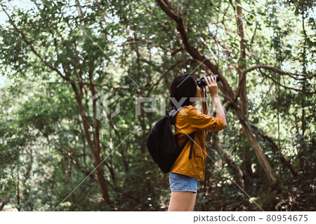 Portrait of travel young asian woman using binoculars in forest,Enjoying with bird watching Portrait of travel young asian woman using binoculars in forest,Enjoying with bird watching 80954675