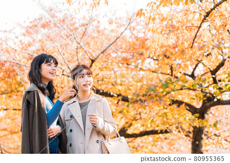 Two women traveling during the fall foliage season Two women traveling during the fall foliage season 80955365