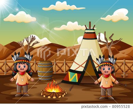 Two american indians cartoon with teepees in tribal location Two american indians cartoon with teepees in tribal location 80955528