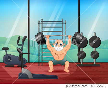 Senior man lifting a barbell inside the gym illustration Senior man lifting a barbell inside the gym illustration 80955529