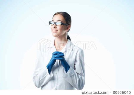female doctor emix white coat follow light background 80956040