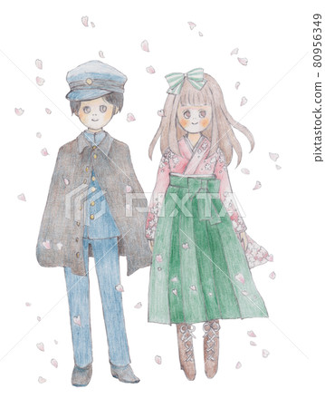 手繪插圖，穿袴的女孩和穿校服的男孩 80956349