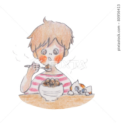 Hand-drawn illustration, boy and cat eating mapo tofu bowl 80956413