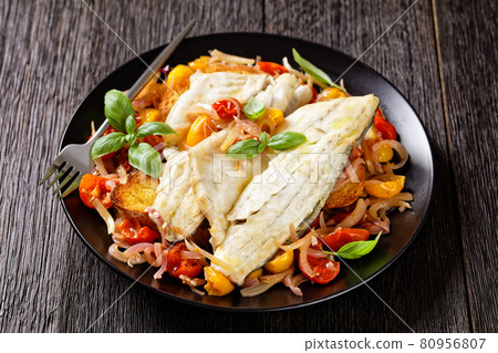 Acqua Pazza, italian poached fish, top view Acqua Pazza, italian poached fish, top view 80956807