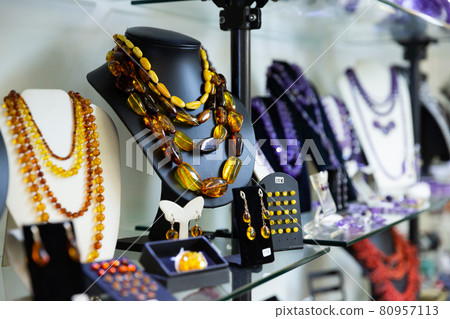Jewelry made of amber on display 80957113