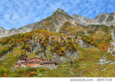 Karasawa Cirque in autumn colors, looking up from the tent site, Mt. Kitahotaka, Karasawa hut Karasawa Cirque in autumn colors, looking up from the tent site, Mt. Kitahotaka, Karasawa hut 80957336