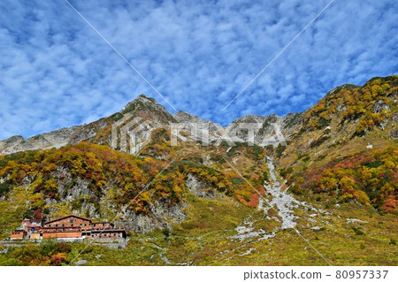 Karasawa Cirque in autumn colors: Kitahotakadake and Karasawa hut looking up from the tent site Karasawa Cirque in autumn colors: Kitahotakadake and Karasawa hut looking up from the tent site 80957337