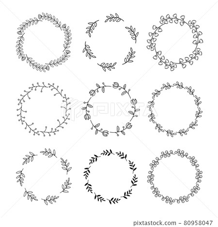 Floral wreath with leaves hand drawn round frames. Wedding wreath decorative leaves elements vintage. 80958047