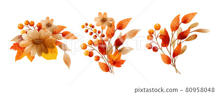 Autumn flowers bouquet in a watercolor style. Floral and leaves bouquets arrangements. 80958048