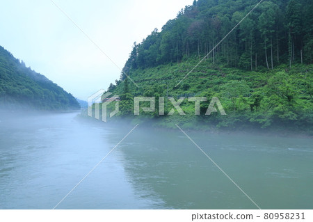 Fog over the river and passing trains 80958231