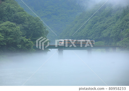 在霧中運行的當地火車 80958233