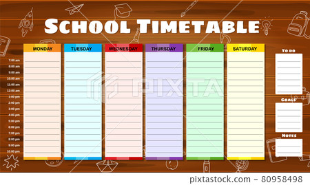 School Timetable weekly, hand drawn sketch icons of school supplies, pencils on woodboard. Vector template schedule, cartoon style School Timetable weekly, hand drawn sketch icons of school supplies, pencils on woodboard. Vector template schedule, cartoon style 80958498