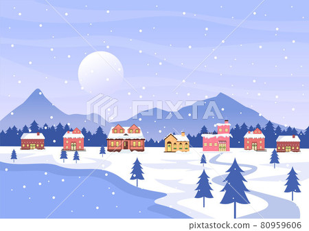 Winter Landscape With House Background, Panorama Snowfall, Town, Trees Or Mountain Silhouette. Christmas and Happy New Year Vector Illustration Winter Landscape With House Background, Panorama Snowfall, Town, Trees Or Mountain Silhouette. Christmas and Happy New Year Vector Illustration 80959606