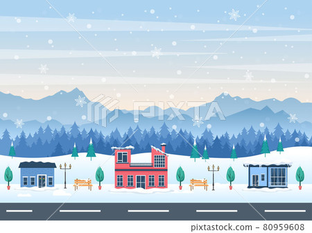 Winter Landscape With House Background, Panorama Snowfall, Town, Trees Or Mountain Silhouette. Christmas and Happy New Year Vector Illustration Winter Landscape With House Background, Panorama Snowfall, Town, Trees Or Mountain Silhouette. Christmas and Happy New Year Vector Illustration 80959608